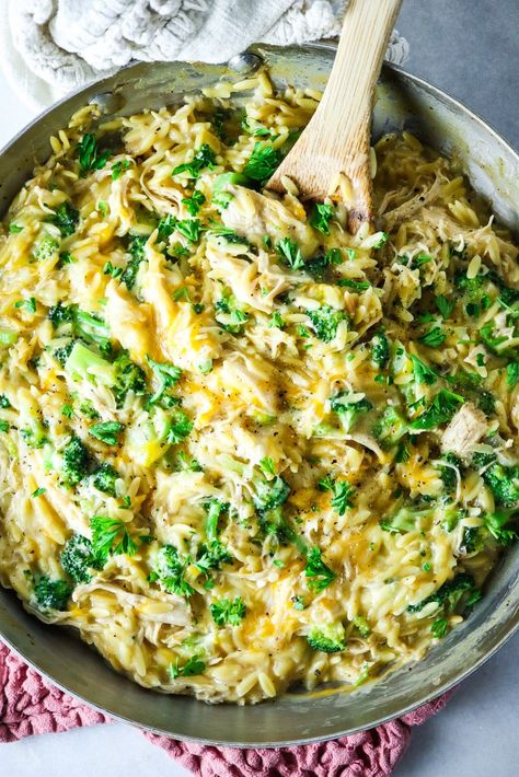 Chicken Orzo Broccoli Recipes, Orzo And Broccoli Recipe, Chicken Broccoli Orzo, Broccoli Orzo, Cheesy Chicken Broccoli, Orzo Recipes, Chicken Orzo, One Skillet Meals, One Skillet