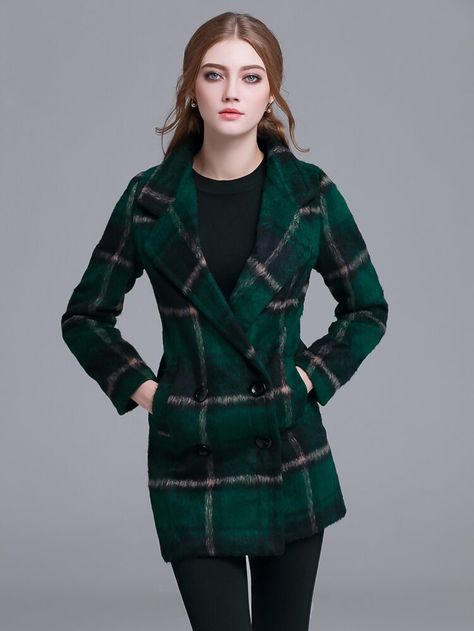 Plaid Outfit Ideas, Green Plaid Outfit, Green Plaid Coat, Dark Green Coat, Short Sleeve Coat, Tartan Coat, Plaid Outfits, Plaid Coat, Long Sleeves Coats