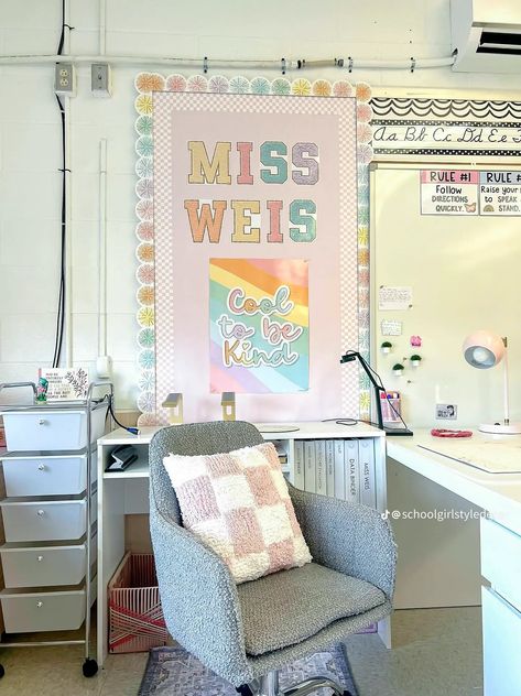 Spotty Pastels Classroom Decor, Teacher Vision Board, Preppy Teacher, Aesthetic Teacher, 2024 Classroom, Pastel Classroom, Teaching Classroom Decor, Teachers Room, Classroom Goals