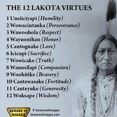 12 Lakota Virtues - Are we teaching Native American History? This would be a great poster for classrooms. Teaching Native American History, Native Quotes, American Indian Quotes, Native American Prayers, Native American Spirituality, Survival Hacks, Lakota Sioux, American Quotes, Indian Quotes