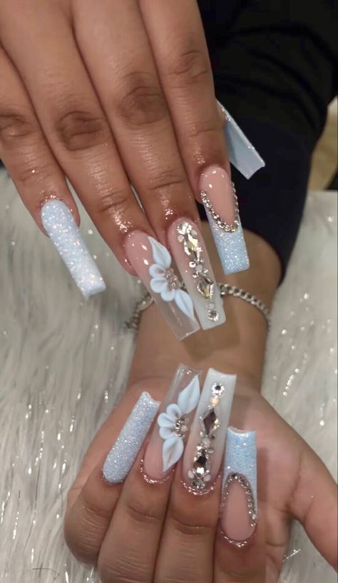 Nails Art Easy, Nails Art Simple, Nail Art 2022, Quinceanera Nails, Long Acrylic Nail Designs, Blue Acrylic Nails, Cute Acrylic Nail Designs, Simple Acrylic Nails, Long Acrylic Nails Coffin