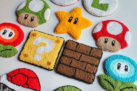 Super Mario Punch Needle Coaster Handmade Mug Rug Tufted - Etsy Niddle Punch, Mario Und Luigi, Punch Needle Coasters, Punch Needle Coaster, Tufting Rug, Tufting Diy, Rug Tufting, Rug Coaster, Fabric Gift Wrap