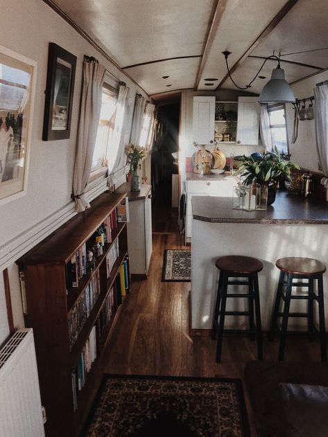 Editors Letter, Canal Boat Interior, School Bus Tiny House, Narrowboat Interiors, Boat House Interior, Boat Interior Design, Houseboat Living, Bus Living, Mobile Living