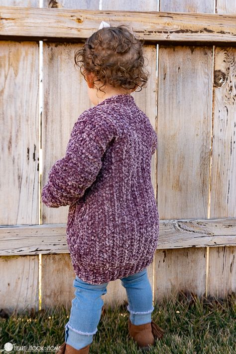 Velvet Cardigan Free Crochet Pattern for Little Kids Velour Crochet, Crochet Toddler Sweater, Crochet Baby Cardigan Free Pattern, Bernat Velvet, Crochet Children, Knit Clothes, Toddler Cardigan, Kids Crochet Pattern, Crochet Baby Sweaters