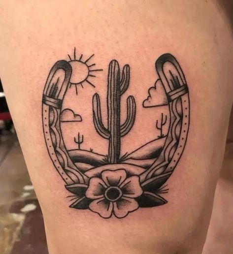 Horseshoe Cactus Tattoo, Western Flash Tattoo, Inspirational Quote Tattoos, Tattoos Life, Cow Skull Tattoos, Country Girl Tattoos, Tattoos Family, Desert Tattoo, Western Tattoo