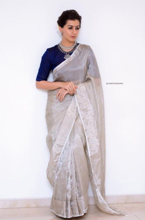 Pure Chiffon Sarees, Kora Silk Sarees, Indian Sari Dress, Grey Saree, Sari Dress, Tissue Saree, Indian Saree Blouse, Indian Saree Blouses Designs, Saree Blouse Patterns