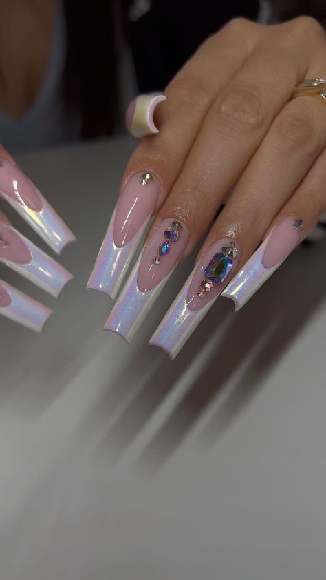 Nail Inspo Holographic, French Holographic Nails, Holographic Nails French Tip, Holographic Nails Design, Holographic French Tip Nails, Holographic French Tip, Long Nail Inspo Acrylic, Holographic Acrylic Nails, Frenchies Acrylic Nails