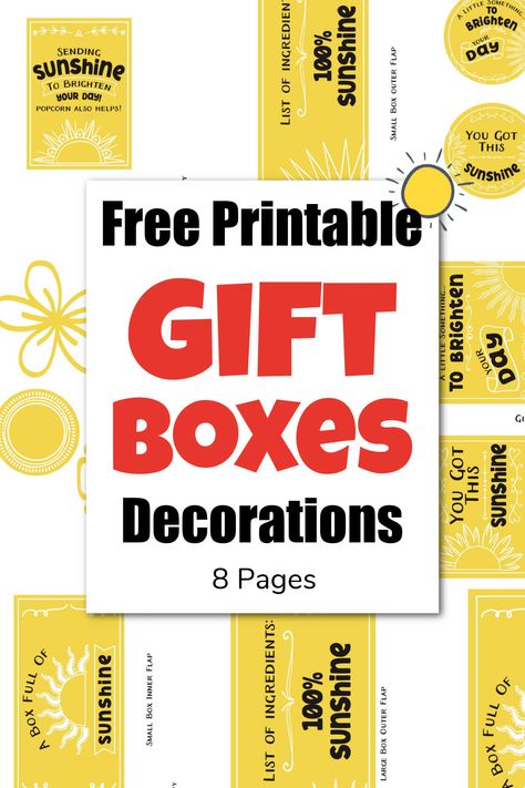 Appreciation Box Ideas, Sunshine In A Bottle, Sunshine Gift Box Ideas, Sunshine Box Printable Free, Sunshine Gift Ideas, Care Package Printables Free, Yellow Sunshine Box Ideas, Free Sunshine Printable, Sunshine Box Ideas Care Packages