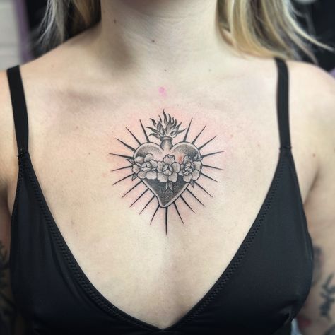 Sacred Heart Art Tattoo, Sacred Heart Tattoo Chest, Sacred Heart Chest Tattoo, Learning To Tattoo, Heart Chest Tattoo, Learn To Tattoo, Sacred Heart Tattoos, Always Grateful, Immaculate Heart Of Mary