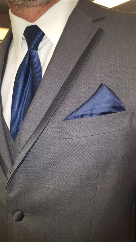 Grey Suit Blue Tie, Deep Blue Suit, Wedding Suits Men Grey, Suit Handkerchief, Grey Tux, Grey Wedding Theme, Royal Blue Tie, Bride Suit, Grey Suit Men