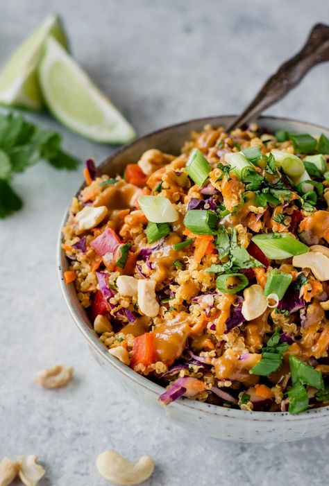 Savor the flavors of this vegan Thai quinoa salad, effortlessly adaptable to be gluten-free and offering a delightful crunch. Ideal for prepping lunches, enjoying at picnics, or sharing at gatherings. Thai Quinoa Salad, Asian Quinoa Salad, Thai Quinoa, Meal Prep Lunches, Rainbow Veggies, Chicken Quinoa Salad, Ambitious Kitchen, Salad Meal Prep, Quinoa Salad Recipes