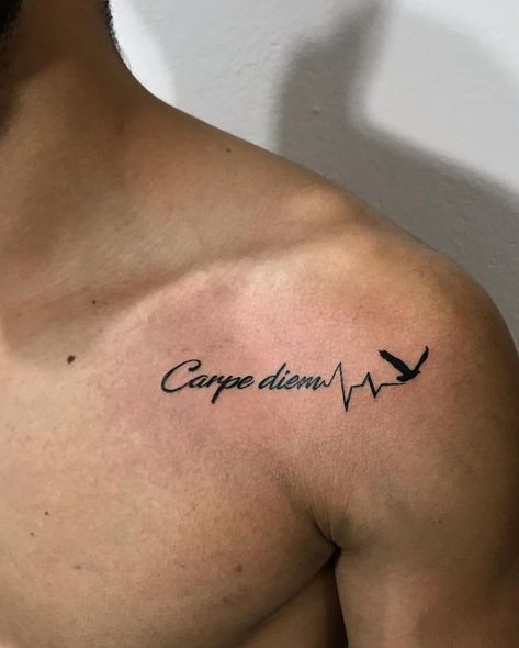 #Tattoos,carpe diem tattoo Tattoo Across Chest, Tattoo Carpe Diem, Tattoo Homme, Small Chest Tattoos, Tattoo Chest, Simple Tattoos For Guys, Phrase Tattoos, Tattoo Lettering Styles, New Tattoo Designs