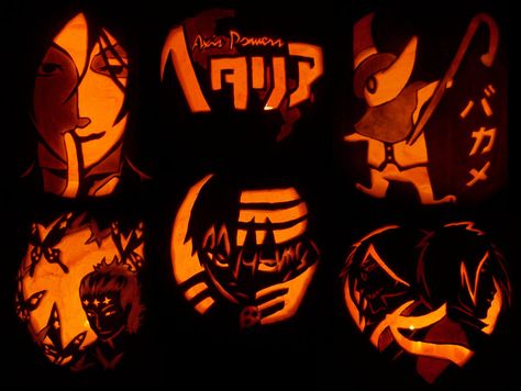 Anime_Pumpkin_Bonanza_by_begger4mcgregor Anime Pumpkin Carving, Anime Pumpkin, Tyki Mikk, Halloween Pumpkin Stencils, Character Pumpkins, Pumpkin Stencils, Pumkin Carving, Amazing Pumpkin Carving, Easy Pumpkin Carving