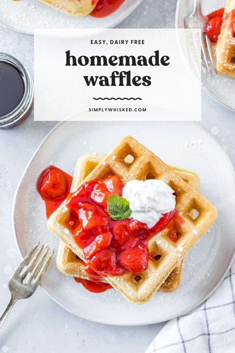 The BEST homemade waffles made from scratch - This easy recipe is made without milk or butter. The waffles are totally dairy free and still super fluffy and crispy on the outside. #waffles #dairyfree No Milk French Toast, Waffle Recipe No Milk, Homemade Waffles Recipe, Df Meals, Simply Whisked, Dairy Free Waffles, Breakfast Cakes, Allergy Recipes, Dairy Free Pancakes