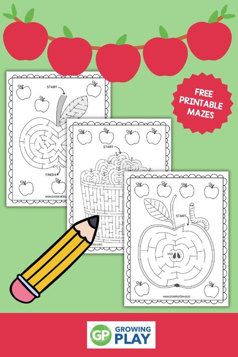 Apple Maze for Kids Free Printable - Growing Play Fine Motor Skills Tracing, Apple Facts, Maze For Kids, Mazes For Kids Printable, Coordination Activities, Apple Preschool, Dots Free, Mazes For Kids, Easter Printables Free