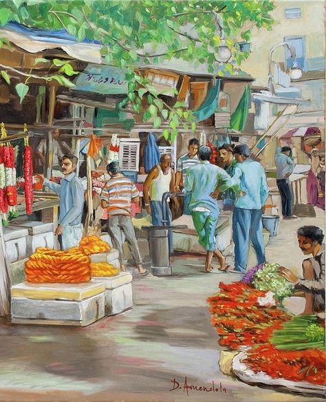 Village Market Scene Drawing, Market Scene Drawing Easy, Subject Drawing, Scene Composition, Village Scene Drawing, Composition Drawing, Port Town, Tea Illustration, Composition Painting