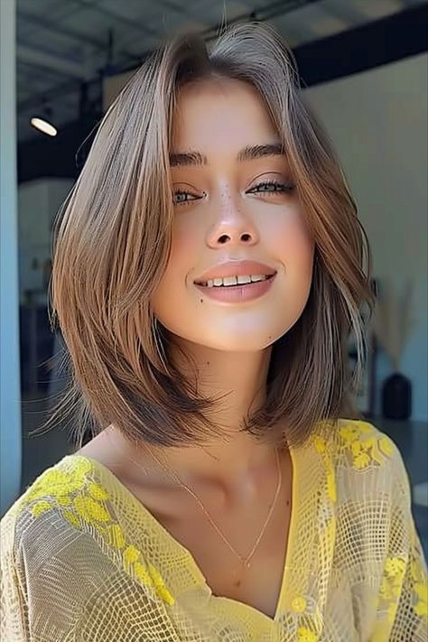 Polished and playful sleek rounded feathered bob at neck-length for a chic, refined look Short Straight Haircuts For Round Faces, Neck Length Hair Cuts, Female Dreads, Neck Length Hair, Sleek Short Hair, Feathered Bob, Long Hair Cut Short, Short Hair Cuts For Round Faces, Asymmetrical Haircut