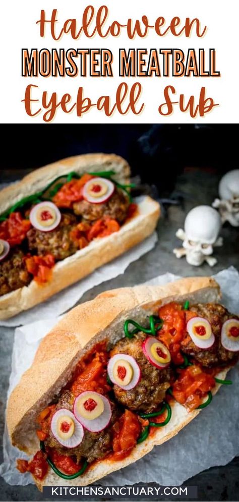 Our festive Halloween Monster Meatball Eyeball Sub features juicy meatballs in a yummy tomato-based sauce. Kids love this Halloween Eyeball Sub, it is spooky and it makes a delicious dinner! To assemble, place 3 meatballs in each sub, and top with a few strands of spaghetti and another spoonful of the tomato sauce. Add one or two eyeballs to each meatball and serve! Halloween Meatballs, Juicy Meatballs, Meatball Subs, Halloween Eyeballs, Grilled Sandwich, Halloween Monster, Delicious Dinner, Halloween Festival, Kids Snacks