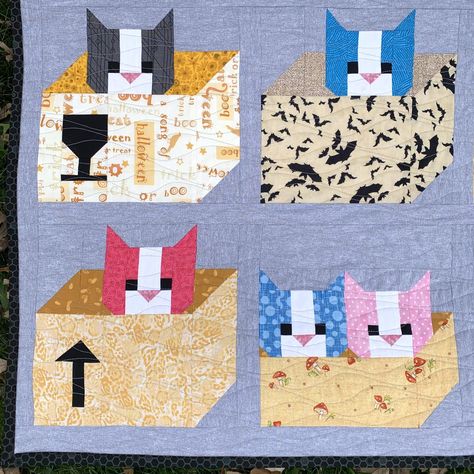 Cats in Boxes - Sew Fresh Quilts Cat Quilt Blocks, Cat Quilt Block Pattern Free, Quilt Squares Ideas, Cat Patchwork, Cats In Boxes, Cute Little Cats, Cat Quilt Block, Cat Quilts, Weaving Diy