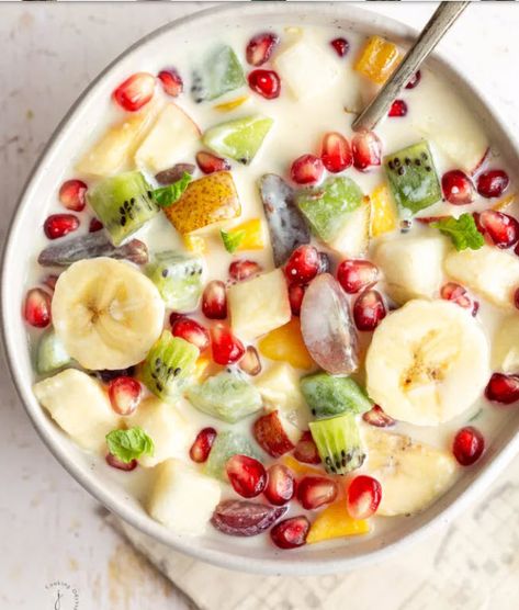 This Fruit Salad with Condensed Milk recipe is so easy to put together. In this simple fruit salad, chopped fruits, sweetened condensed milk and heavy cream are mixed together for the perfect sweet treat.  #HalfYourPlate #Fruit #FruitSalad #Dessert #Sweet Fruit Salad With Condensed Milk, Indian Fruit Salad Recipe, Simple Fruit Salad, Creamy Fruit Salad, Salad Chopped, Condensed Milk Desserts, Chopped Fruit, Condensed Milk Recipe, Vegan Condensed Milk