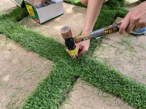 How To Lay A Paver Walkway With Grass In Between How To Lay Pavers With Grass In Between, Large Pavers With Grass In Between Diy, Pavers On Grass Lawn, Diy Patio With Grass Between Pavers, 12 X 12 Pavers Walkway, Stone With Grass In Between, Grass Pathway Ideas, Stepping Stones With Grass In Between, Rectangle Pavers With Grass In Between