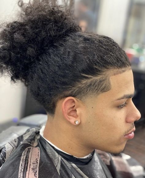 Fade Haircut Men's Long Hair, Long Curly Hair Haircuts Men, Long Hair Braids Men, Tapered Hairline Curly Hair, Mid Taper Long Hair, Long Hair Taper Fade For Men, Taper Fade Curly Hair Men Long, Long Curly Hair Taper, Taper Fade Long Hair Men