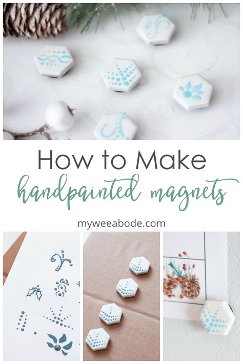 These easy DIY hand painted magnets are the perfect Christmas gift, hostess gift, or housewarming gift. Personalize with any color or any pattern you can think of. This tutorial shows you just how easy it is to create ceramic tile magnets. #myweeabode #diymagnets #easypainting #easydiy Tile Magnets Ceramic Diy, Clay Magnets Diy, Random Diys, Painted Magnets, Tile Magnets, How To Make Magnets, Magnets Diy, Tile Diy, Tile Painting