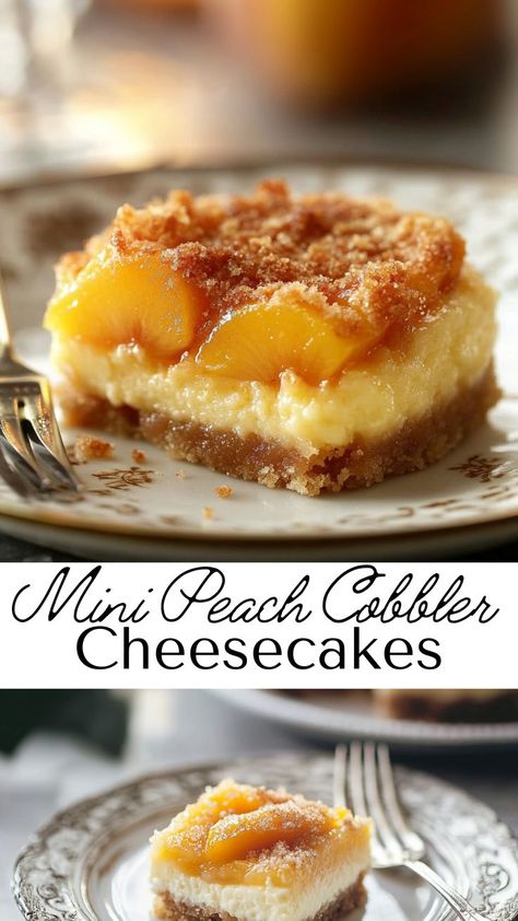 Indulge in these mini peach cobbler cheesecakes for a sweet treat that’s creamy, fruity, and full of flavor. Each bite-sized dessert is a delightful combination of cobbler and cheesecake! Peach Cobbler Donut, Peach Cobbler Cheesecake Bars, Peach Deserts Ideas, Peach Cream Cheese Dessert, Peach Cobbler Cheesecake Bites, Dessert Appetizers Bite Size, Peach Topping, Mini Peach Cobbler, Peach Cobbler Cheesecake