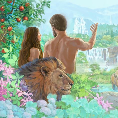 Adam And Eve Bible, Life In Paradise, Jesus Christ Artwork, Heaven Art, Bible Illustrations, Jesus Photo, Bible Pictures, First Humans, Garden Of Eden