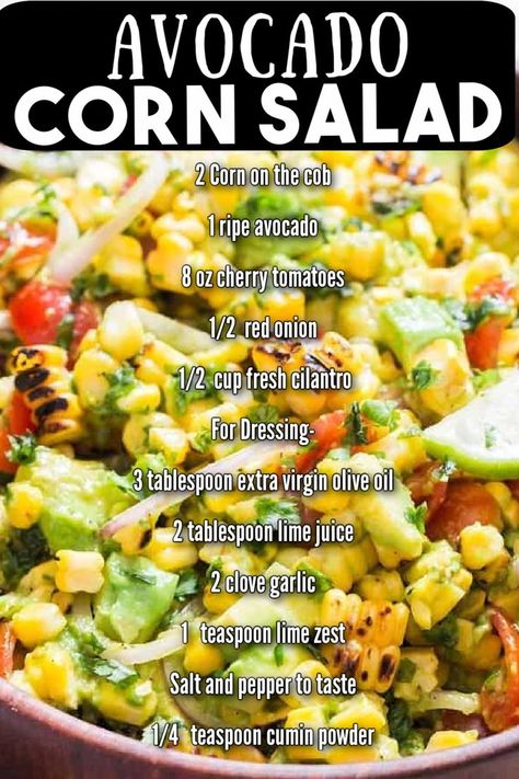 Corn Salad Avocado, Corn Avocado And Tomato Salad, Pku Food, Corn Tomato Avocado Salad, Sweet Corn Salad Recipe, Corn And Avocado Salad, Sweet Corn Salad, Avocado Corn Salad, Fish Sides