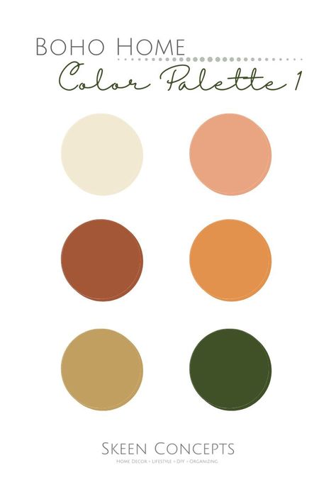 Color palette inspiration for your home design. Color Palette Bedroom Boho, Midcentury Boho Color Palette, Bohemian Palette Colour, Boho Home Color Palette, Bohemian Color Palette Boho, Bohemian Colour Palette, Modern Boho Color Palette, Bohemian Palette, Color Palette Boho