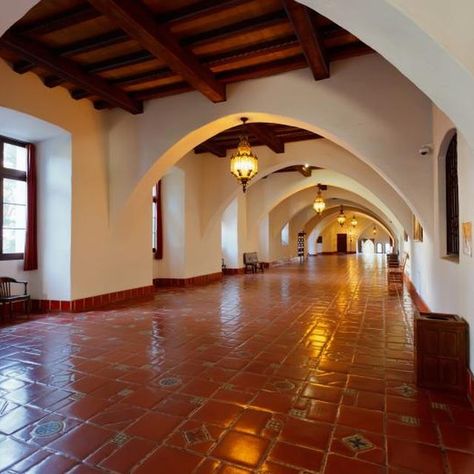 Textured, whitewashed walls, exposed ceiling beams and terra-cotta tile floors are hallmarks of Spanish-style homes. Home Spanish Style, Colonial Interiors, Spanish Style Bathrooms, Spanish Style Decor, Hacienda Homes, Hacienda Style Homes, Spanish Decor, Mediterranean Home Decor, Spanish Architecture