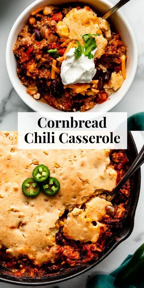 This cornbread chili casserole combines hearty, flavorful chili with a buttery, crumbly cornbread topping all in one comforting dish. #comfortfood #skilletmeals #dinnerrecipes Chili With Cornbread Topping, Cornbread Chili Casserole, Chilli Casserole, Chili Cornbread Bake, Chili With Cornbread, Cornbread Chili, Chili Cornbread Casserole, Cornbread Topping, Fluffy Cornbread