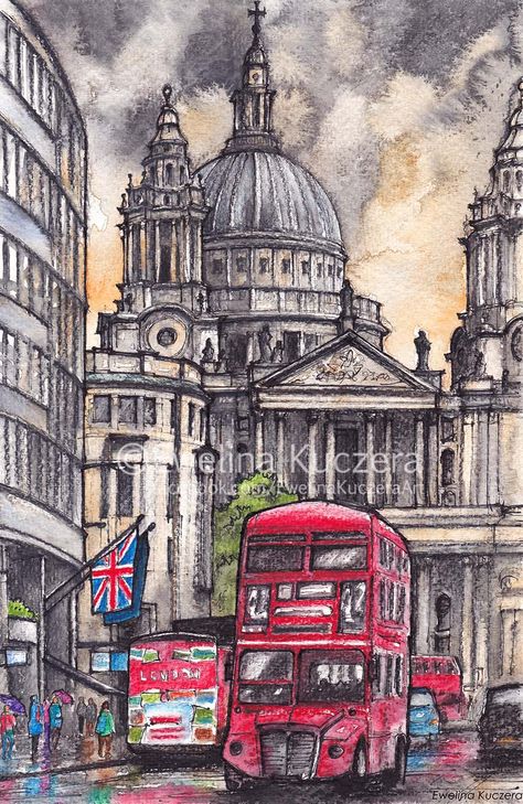 #watercolor #fineart #ewelinakuczera #crowd #tourists #london #uk #england #pencils #fineliners #sketch #urban #drawing #painting #illustration #artwork #traditionalart #handdrawn #colorful #red #black #yellow #greysky #positive #multicolor #society6 #monument #rain #rainy #travel #fabercastellpencils #watercolorpencils #architecture #buildings #stpaulscathedral Monuments Sketches, London Buildings Illustration, Monument Sketch, Drawing Of London, London Drawing Sketches, England Drawing, Monuments Drawing, London Watercolor, Street Sketch