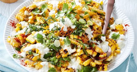 Complete your feast with Curtis Stone's charred corn salad topped with a creamy lime dressing, paprika, spring onions and fresh coriander. Xmas Vegetables, Healthy Food Hacks, Charred Corn Salad, Australia Recipes, Christmas Menus, Xmas Menu, Roasted Potato Salads, Holiday Hacks, Christmas Salad Recipes