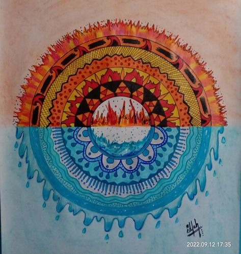 Themed Mandala Art Fire and water. Fire Mandala Art, Fire And Water Drawing, Fire And Ice Drawing, Water Mandala, Fire Mandala, Ice Drawing, Pen Work, Paper Art Design, Fire And Water