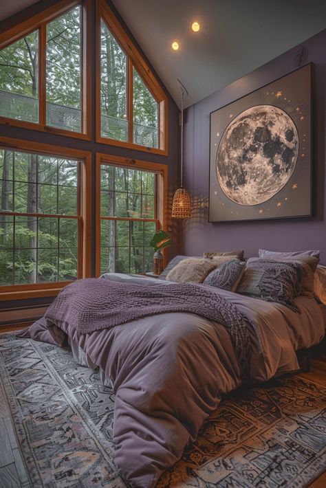 Gray And Lavender Bedroom, Night Themed Bedroom, Moonlit Bedroom, Lavender Boho Bedroom, Street Bedroom, Lavender Bedroom, Lavender Room, Bedroom Purple, Dreamy Design