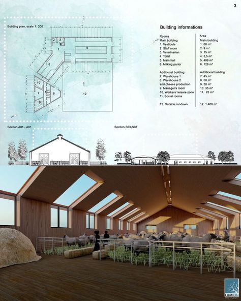 Re-thinking for animal farms for a sustainable world Landscape Design Competition, Sheep House, Sheep Farming, Barn Layout, Shed Landscaping, Horse Barn Ideas Stables, Cow Shed, Steel Structure Buildings, Farm Plans