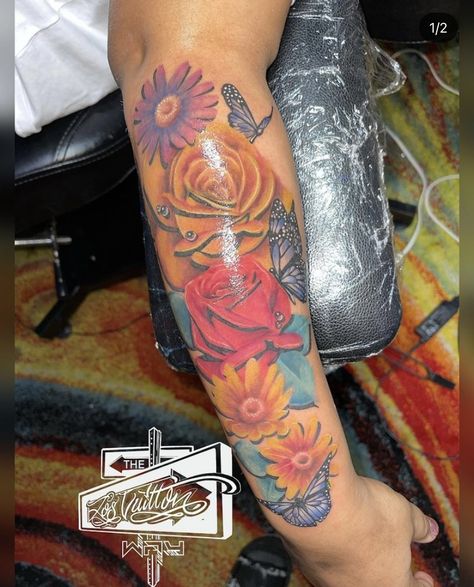 Colorful Arm Sleeve Tattoo For Women, Colorful Shoulder Tattoos For Women, Colorful Sleeve Tattoos For Women, Colorful Tattoos For Black Women, Color Tattoos On Dark Skin, Colorful Flower Tattoo, Arm Sleeve Tattoos For Women, Hand Tattoos For Girls, Full Arm Tattoos