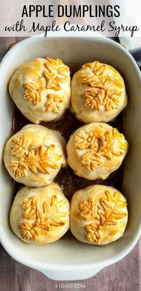 Tender, sweet, and mouth-wateringly delicious! Incredibly easy with store bought pastry, and special enough for all your fall entertaining! Apple Dumplings with Maple Caramel Syrup | 31Daily.com Apple Turnover, Maple Caramel, Fall Deserts, Fall Eats, 31 Daily, Autumn Food, Easy Sweets, Seasonal Desserts, Saffron Threads