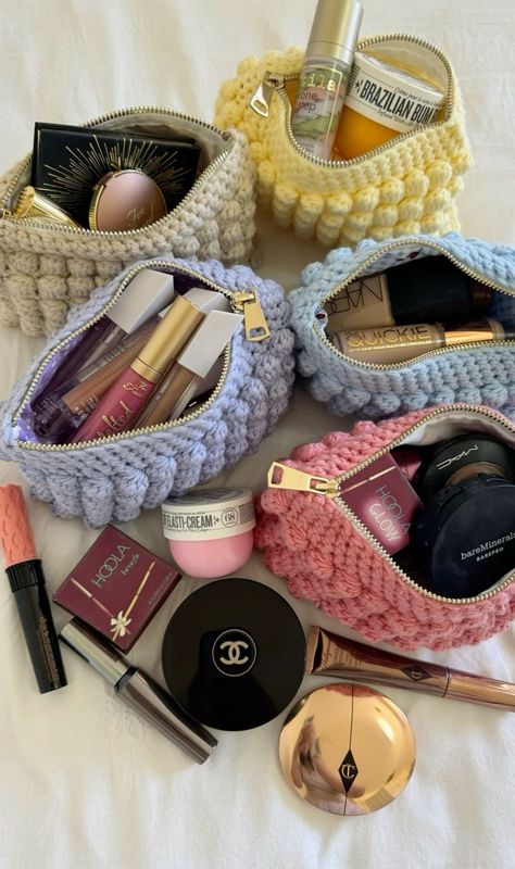 Blanca collective crochet handmade bobble pouch makeup bag essentials pencil case cosmetic toiletry bag pastel colour yarn Melbourne Australia gift ideas aesthetic travel beauty fashion cute Crochet Toiletry Bag, Crochet Makeup Pouch, Makeup Bag Crochet, Crochet Cosmetic Bag, Crochet Pencil Pouch, Crochet Makeup Bag, Gift Ideas Aesthetic, Crochet Pouches, Storage Crochet