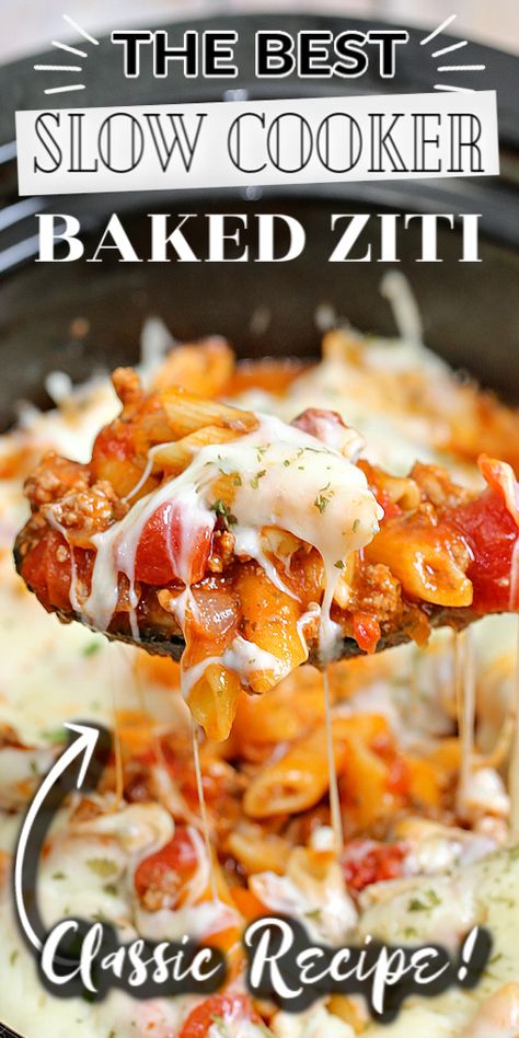 Crockpot Baked Ziti No Ricotta, Ziti Crockpot Recipes, 4 Quart Crockpot Recipes, Baked Ziti Crockpot, Slow Cooker Ziti, Crock Pot Ziti, Slow Cooker Baked Ziti, Hamburger Meals, Slow Cooker Pasta Recipes