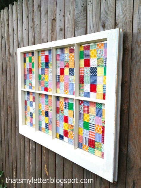 Sew: quilt window art An old window serves as the perfect frame for a quilt: I made the quilt pieces to fit the window panes using 2″ strip piecing for 1 1/2″ finished squares: But you could just as easily use an old quilt or portions of a damaged vintage quilt to create the same... Read more Old Window Frames, Window Crafts, Quilt Display, Window Projects, Quilt Storage, Quilting Room, Old Quilts, Old Windows, Sewing Rooms