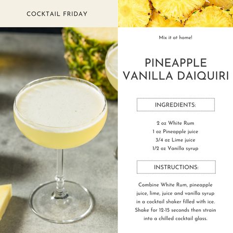 Sun's out, daiquiris out! 🌞🍹⁠ Mix up your tropical getaway with a Vanilla Pineapple Daiquiri—sweet, refreshing, and brimming with tropical pineapple flavours.  ⁠ ⁠ Shake it up with Bacardi White Rum 750 mL, now available for $22.99 (save $1) Bacardi Cocktails Recipes, Bacardi Cocktails, Pineapple Daiquiri, Bacardi White Rum, Bacardi Cocktail, Breakfast Drinks, Girly Drinks, Virgin Drinks, Daiquiri Recipe