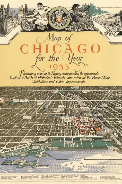 Introducing the captivating Vintage Map of Chicago 1933 Poster, a stunning piece of American history that will transport you back in time. Immerse yourself in the rich heritage of the Windy City with this meticulously illustrated bird's-eye view of Illinois streets. This pictorial masterpiece showcases the architectural beauty and urban landscape of Chicago as it stood in 1933, allowing you to explore the city's past with every intricate detail. Map Of Chicago, Chicago Map, Pictorial Maps, Chicago History, The Windy City, Windy City, World's Fair, Street Map, Birds Eye View