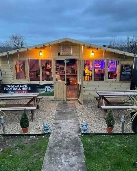 Sheds Turned Into Bars Backyards, Cook House Ideas Outdoor, Backyard Shop Buildings, Party Sheds Ideas Backyards, Party Shed Ideas, Backyard Bar And Grill Ideas, Backyard Pub Shed, Diy Backyard Bar, Backyard Bar Ideas