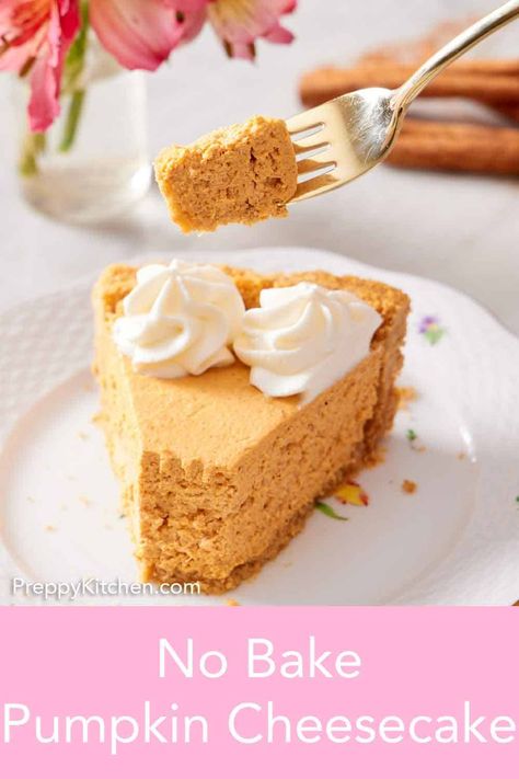 Celebrate fall with this easy, No-Bake Pumpkin Cheesecake recipe. It’s made with a handful of simple ingredients: pureed pumpkin, plenty of pumpkin spice, and no oven! Pumpkin Cheesecake Gluten Free, Pumpkin Cheesecake With Gingersnap Crust, Double Layer Pumpkin Cheesecake, Layered Pumpkin Cheesecake, Pumpkin Streusel, Homemade Graham Cracker Crust, No Bake Pumpkin, No Bake Pumpkin Cheesecake, Pumpkin Pie Cheesecake