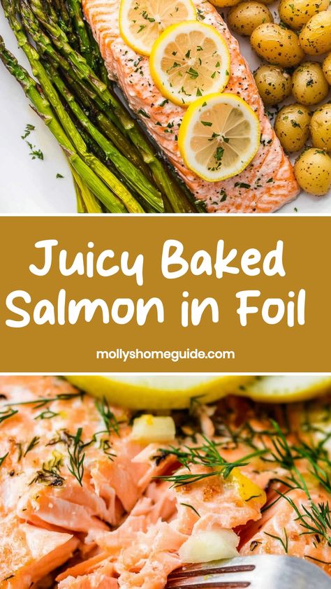 Discover a simple and delicious way to prepare baked salmon in foil. This easy recipe locks in flavor and moisture, resulting in perfectly cooked salmon every time. Whether you're hosting a dinner party or looking for a quick weeknight meal, this baked salmon recipe is sure to impress. Try it out today and enjoy a flavorful dish that's both healthy and satisfying! Simple Healthy Salmon Recipes, Savory Salmon Recipes Baked, How To Bake Salmon In Oven In Foil, Salmon And Asparagus Baked In Foil, Salmon Packets Oven, Salmon In Foil In Oven, Salmon Oven Recipes, Cooking Salmon In Oven, Salmon Recipes In Foil