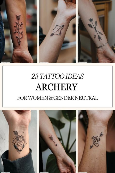 Collage of various archery-themed tattoos on arms, including bows, arrows, and geometric designs. Small Wrist Tattoo Ideas, Archery Tattoo, Warrior Symbols, Small Wrist Tattoo, Archery Women, Wrist Tattoo Ideas, Inner Warrior, Small Wrist Tattoos, Tattoo Ideas For Women