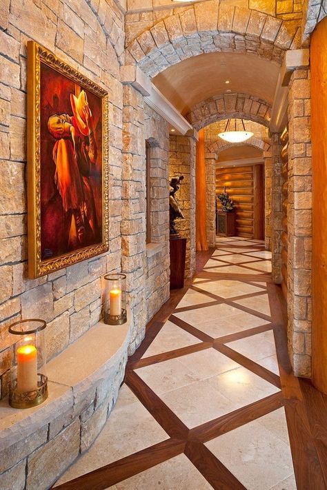 Mountain Chateau, Italian Marble Flooring, Rustic Hallway, Drawing Room Decor, Casa Country, Hallway Designs, Stone Walls, Stone House, Wine Cellar